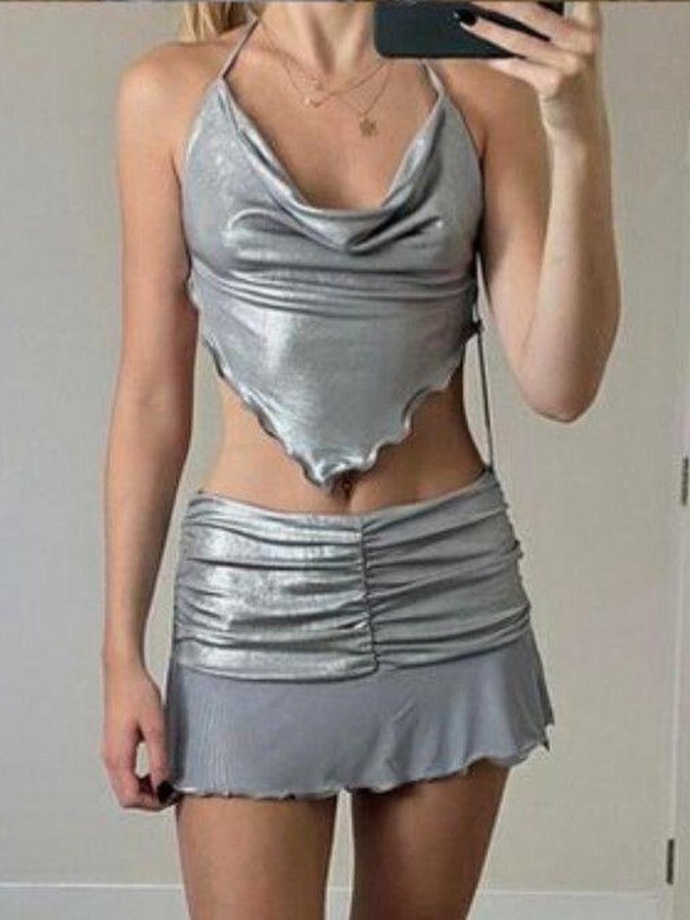 I.AM.GIA silver metallic cowlneck triangle top
